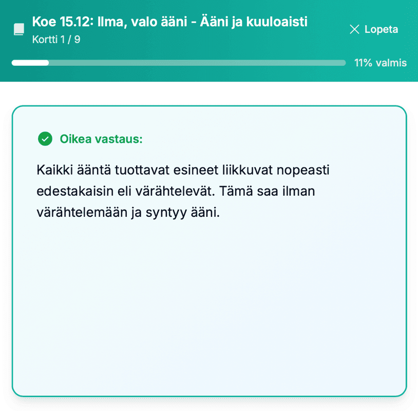 Esimerkki korttiharjoittelusta: rauhallinen korttinäkymä ja käännä-nappi